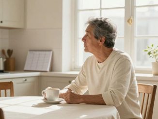 Nachdenklicher älterer Mann sitz mit Kaffeetasse am Tisch