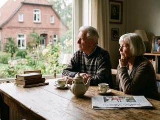 Ältere Personen sitzen von hinten oder von der Seite gesehen an einem Fenster im Raum, schaut nach draußen in den Garten oder auf ein Haus und wirkt nachdenklich.