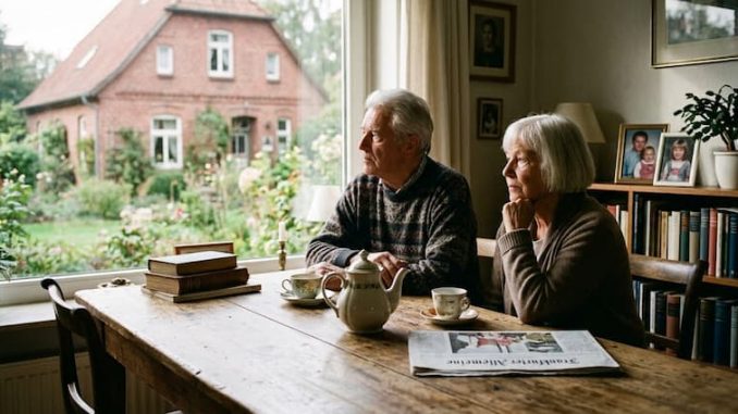 Ältere Personen sitzen von hinten oder von der Seite gesehen an einem Fenster im Raum, schaut nach draußen in den Garten oder auf ein Haus und wirkt nachdenklich.