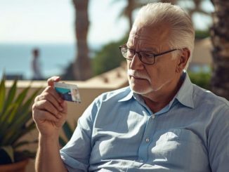 Älterer Mann sitzt auf seiner Terrasse und studiert seine Krankenkarte