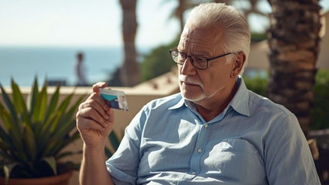 Älterer Mann sitzt auf seiner Terrasse und studiert seine Krankenkarte