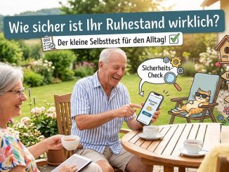 Es zeigt ein fröhliches Rentnerpaar, das den „Sicherheits-Check“ ganz entspannt und mit Humor auf dem Smartphone macht.