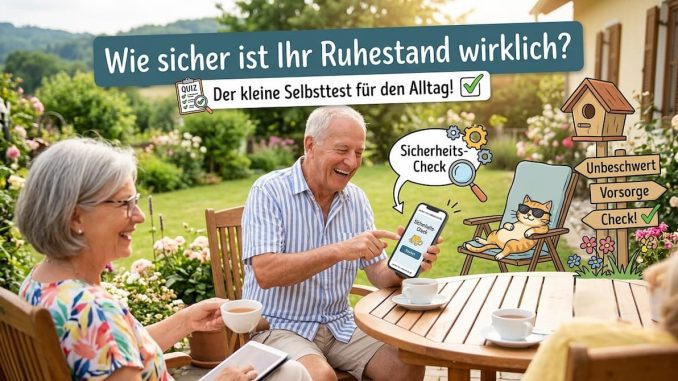 Es zeigt ein fröhliches Rentnerpaar, das den „Sicherheits-Check“ ganz entspannt und mit Humor auf dem Smartphone macht.