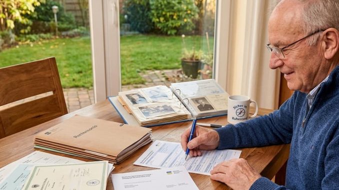 Senior sitz am Schreibtisch und füllt seinen Rentenantrag aus