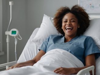 Lachende Frau im Krankenhaus-Bett/ Krankenhauskeime vermeiden