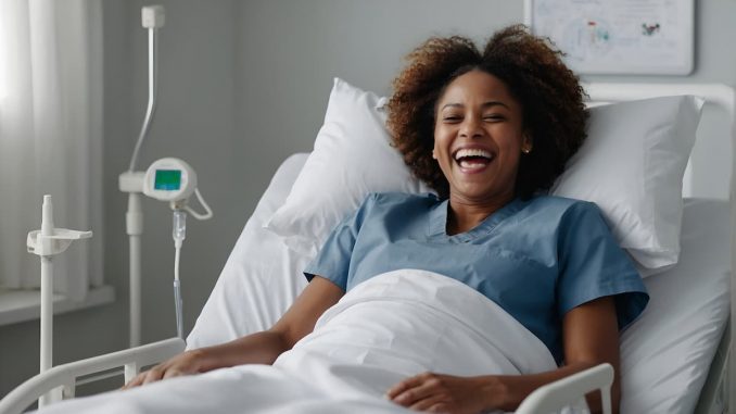 Lachende Frau im Krankenhaus-Bett/ Krankenhauskeime vermeiden