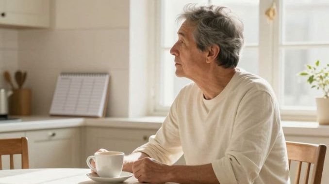 Nachdenklicher älterer Mann sitz mit Kaffeetasse am Tisch