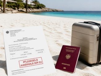 Auf der einen Seite ein Koffer und Palmen unter der Sonne, auf der anderen Seite ein deutsches Gesetzbuch oder eine Tabelle mit durchgestrichenen Euro-Symbolen.