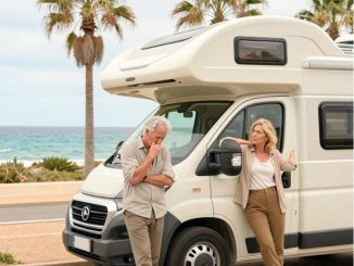 Ein modernes Wohnmobil steht an einer malerischen Küstenstraße in Spanien mit azurblauem Meer und Palmen im Hintergrund. Allerdings steht davor ein ergrautes Paar: Der Mann schaut mit ratlosem Blick, während die Frau mit den Achseln zuckend auf die Fahrertür gestützt ist