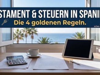 Schreibtischs mit einer spanischen Grundbucheintragung (Nota Simple), einem Taschenrechner und einem Tablet, auf dem eine Karte von La Palma zu sehen ist. Daneben ein Espresso in einer schönen Tasse.