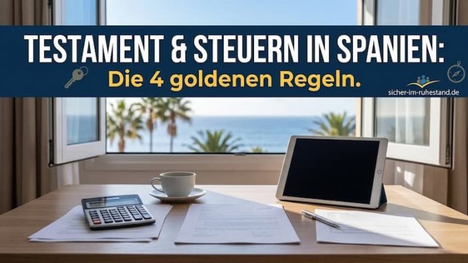 Schreibtischs mit einer spanischen Grundbucheintragung (Nota Simple), einem Taschenrechner und einem Tablet, auf dem eine Karte von La Palma zu sehen ist. Daneben ein Espresso in einer schönen Tasse.