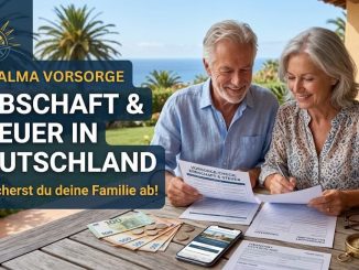 Ein sympathisches, älteres Ehepaar (ca. 65–75 Jahre) sitzt entspannt an einem Holztisch auf einer sonnigen Finca-Terrasse/ Erbschaftssteuer Deutschland sparen