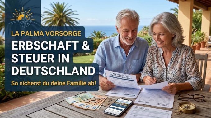 Ein sympathisches, älteres Ehepaar (ca. 65–75 Jahre) sitzt entspannt an einem Holztisch auf einer sonnigen Finca-Terrasse/ Erbschaftssteuer Deutschland sparen
